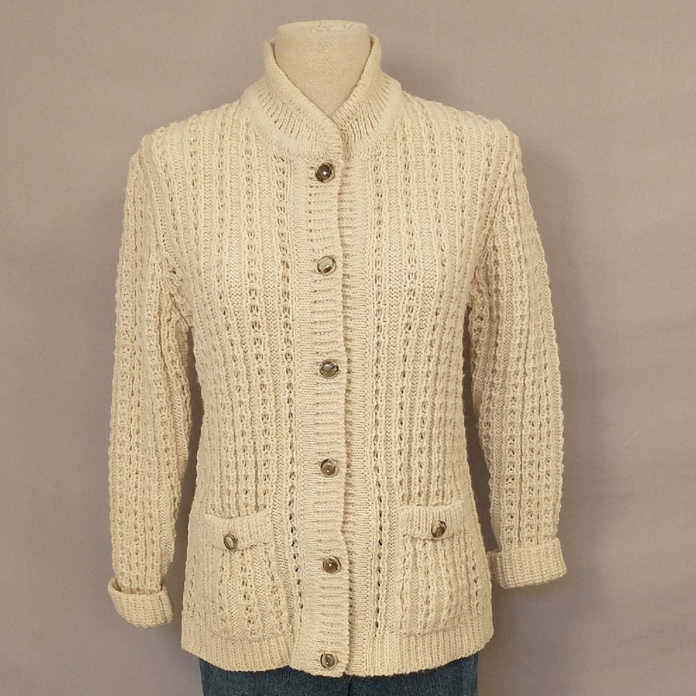 Irish Cardigan Fisherman Aran Wool Cable Knit w/ Pockets md Ireland NWOT Sweater